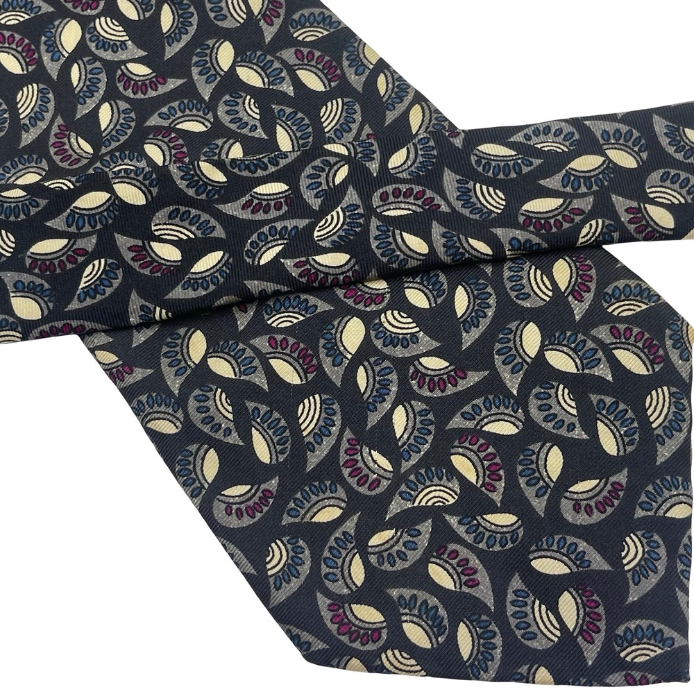 Vintage Schroeder 100% Silk Necktie Tie Black Asian Fan Print Hand Finished USA